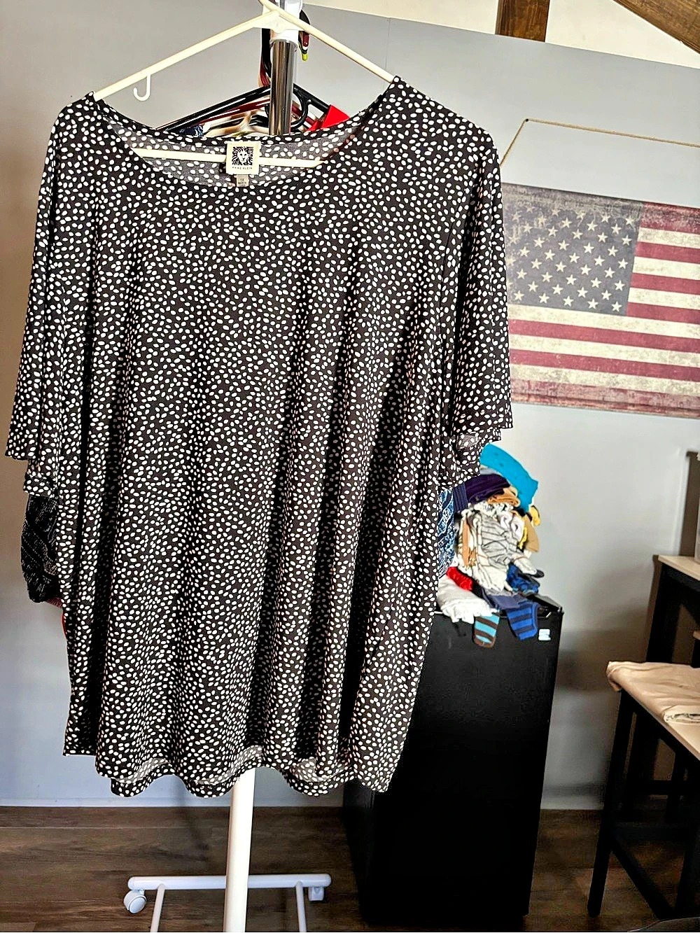 Anne Klein Plus Size Rambling Dot Bateau Blouse Polka Dot Tunic Black & White 1X